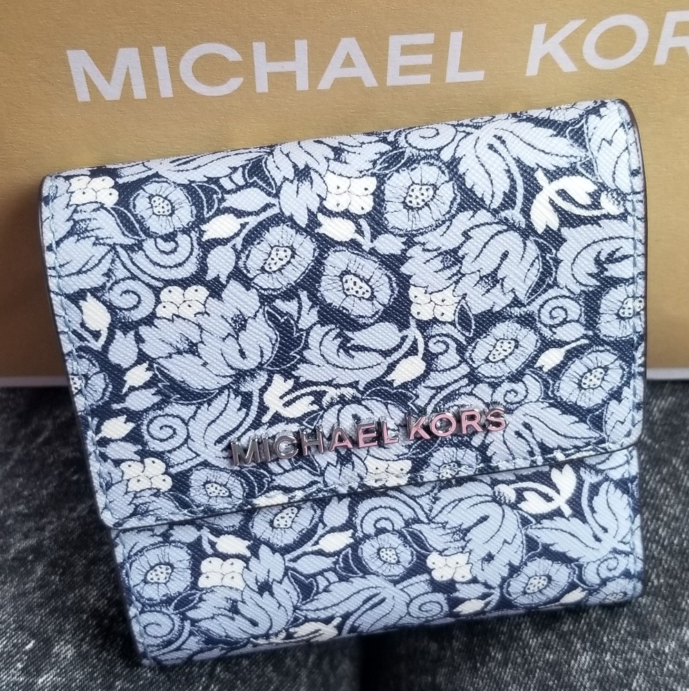 Michael Kors Blue & White Floral Trifold Wallet